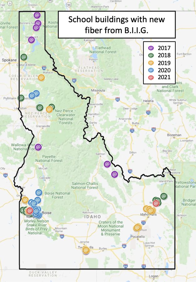 Map of Idaho with schools benefitting from B.I.I.G. through 2021.