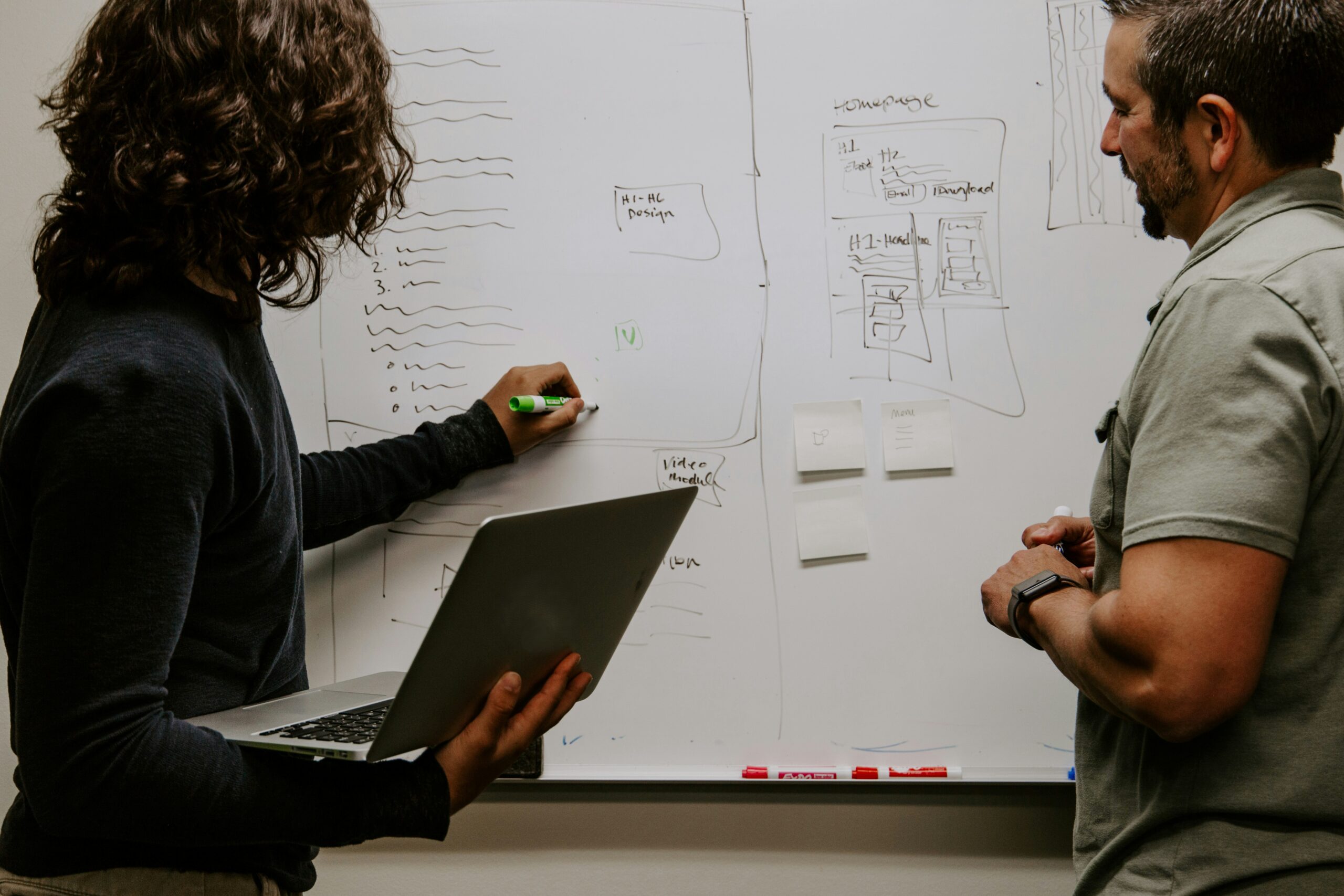 Two people sharing notes on a whiteboard